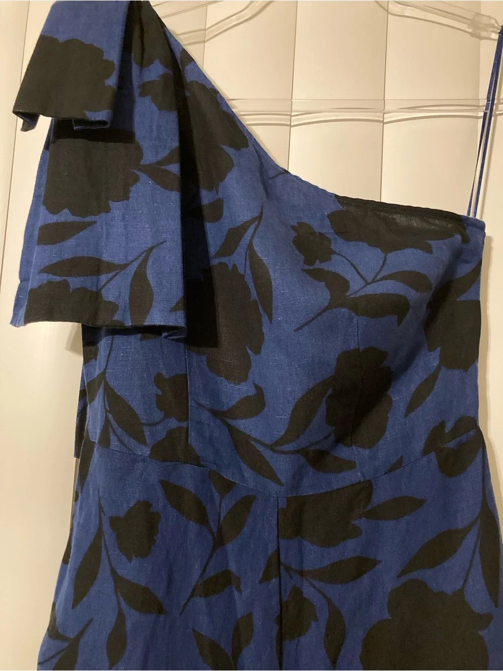 Kate Spade Navy Blue Black Floral One Shoulder Bow Jumpsuit Size 00 Linen Blen